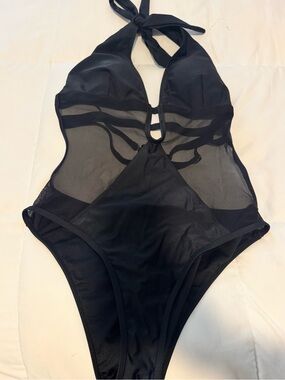Black Sheer Mesh One-Piece Halter Swimsuit